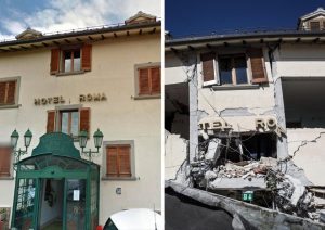 Una combo dell'Hotel Roma di Amatrice (Rieti) prima e dopo il sisma della scorsa notte, 24 agosto 2016. ANSA