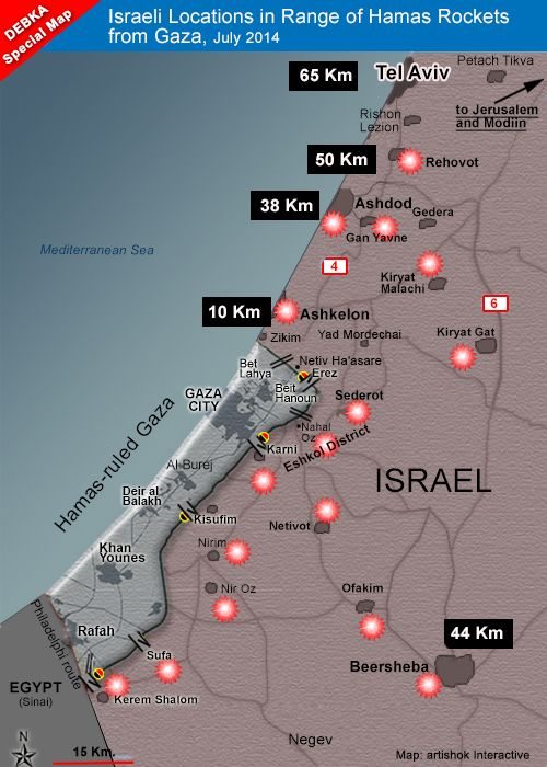 Mappa dei potenziali bersagli raggiungibili dai razzi e missili di Hamas