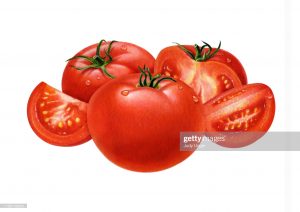 An illustration of a group of tomatoes, two whole, one half, and two wedges. The whole tomatoes have stems and droplets.