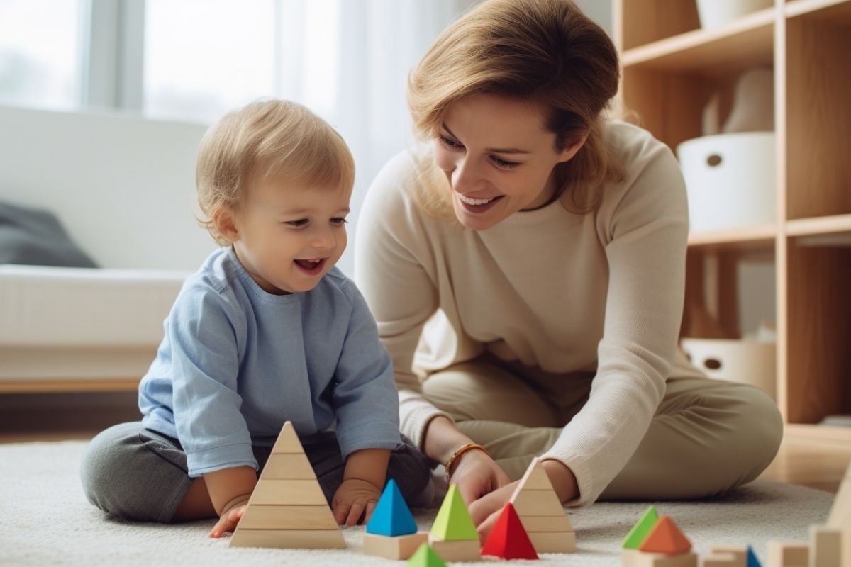 Une mère et son fils jouent à des jouets en bois Montessori