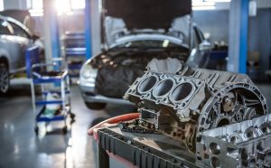 Close-up of car parts in repair garage