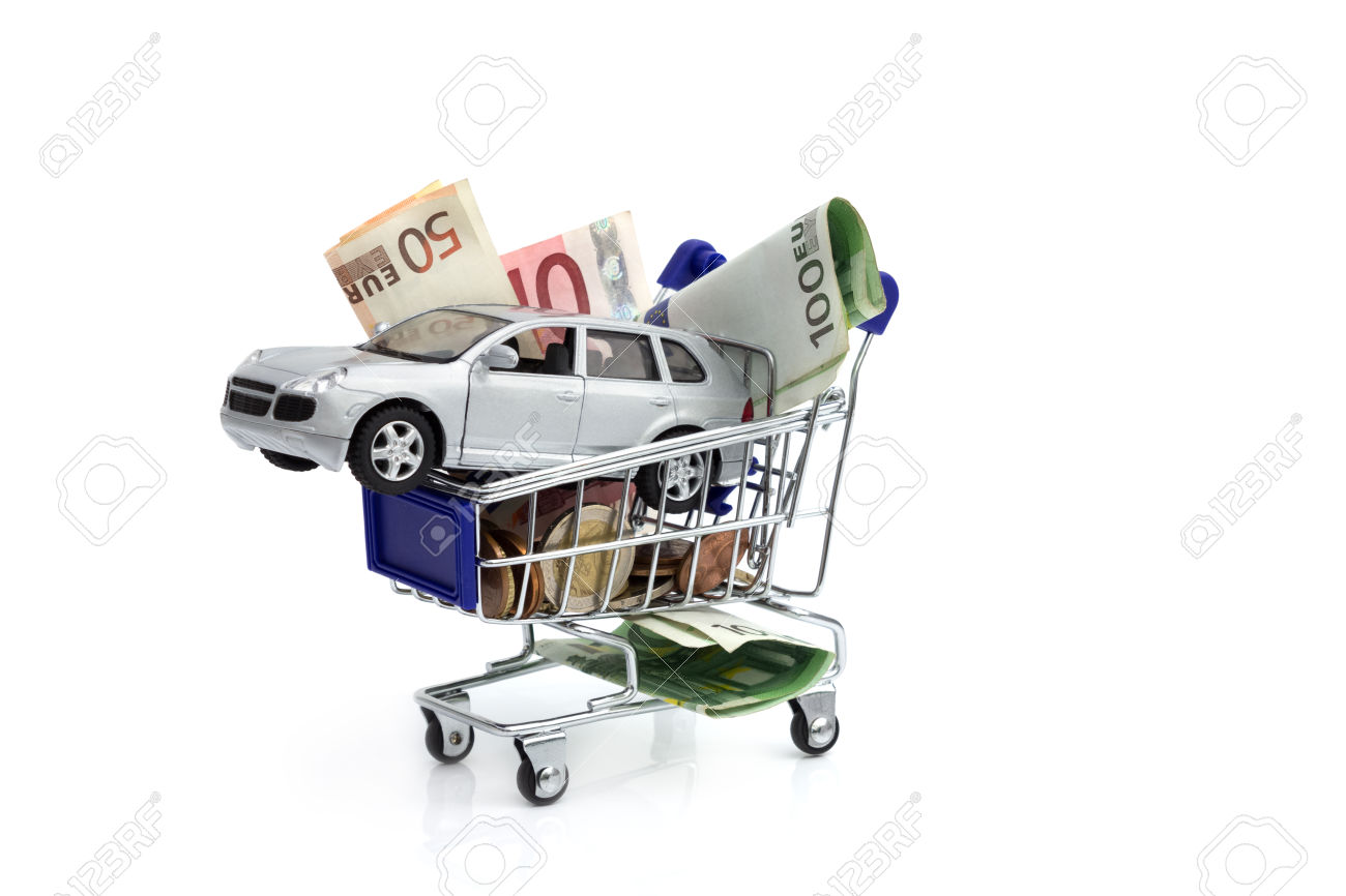 shopping cart with money and car, concept - buy and save