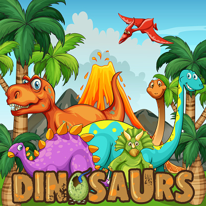Different types of dinosaurs by the volcano illustration