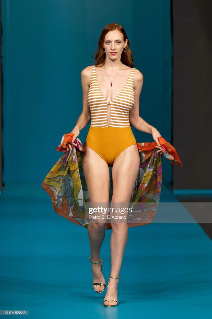 FLORENCE, ITALY - JULY 23: A model walks the runway for Fattore C during the Maredamare  2022 Swimwear International Fashion Shows at Fortezza Da Basso on July 23, 2022 in Florence, Italy. (Photo by Pietro S. D'Aprano/Getty Images)