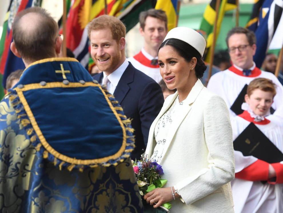 epa07429332 Britain's Prince Harry (C) and Meghan, Duchess of Sussex leave a Commonwealth service at Westminster Abbey in London, Britain, 11 March 2019. The Commonwealth represents a global network of 53 countries and almost 2.4 billion people, a third of the worldâs population, of whom 60 percent are under 30 years old. EPA/FACUNDO ARRIZABALAGA