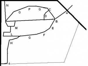 La regione centro-settentrionale della Central Kalahari Game Reserve. A = Matswere Gate; B = Deception Valley; C = Leopard Pan; D = Sunday Pan; E = Deception Pan; F = Lekhubu; G = Letiahau; H = Piper Pan; I = Xade; L = Phokoje Pan; M = Tau Pan; N = Motopi Pan; O-Q = Passarge Valley. La linea marcata rappresenta il Veterinary Cordon Defense che segna i confini a nord del parco; le linee appena meno marcate corrispondono alle piste più frequentate, in particolare nella stagione arida, ma ci sono anche delle piste che costeggiano il Cordon Defense, che (linea sottile) collegano Xade a Matswere inoltrandosi nel deserto vero e proprio, nonché che proseguono verso sud fino al confine del parco più prossimo a Gaborone. Le due piste principali che portano fuori dalla regione nord-centrale del parco, vanno rispettivamente da Matswere a Rakops (circa 50 km) e da Xade a Ghanzi (180 km). Per avere un’idea approssimativa delle distanze: i tratti A-B e H-L sono di circa 40 km; tra Piper Pan e Xade ci sono circa 70 km di pista particolarmente sabbiosa; il bivio tra Tau Pan e l'inizio di Passarge Valley dista circa 45 Km da Motopi Pan e 60 Km dal Cordon Defense; invece i vari siti lungo le piste più seguite, ovvero lungo il tratto che parte da Deception Valley verso sud o quello che attraversa Passarge Valley, sono in media a 10-15 km l’uno dall’altro.