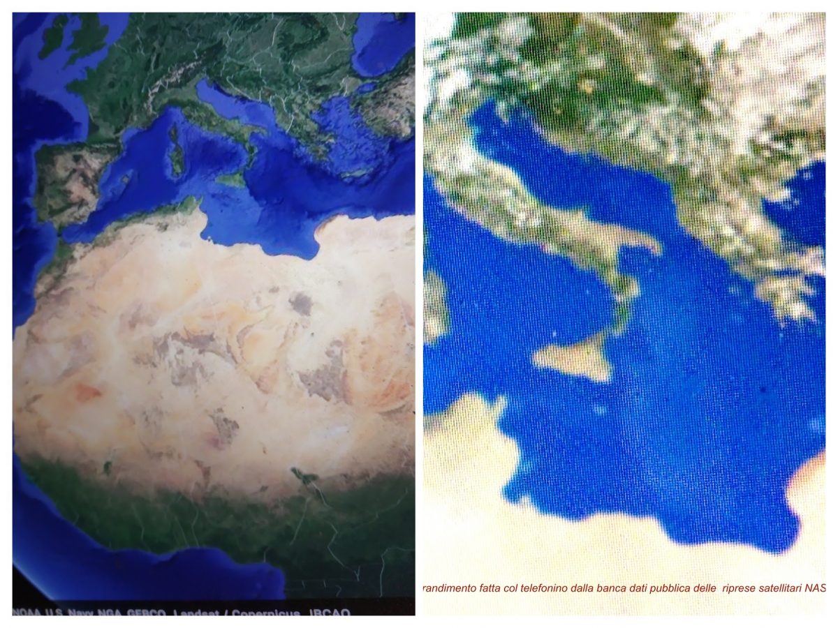 Confronto tra (foto di telefonino di) foto satellitari in cui c'è in particolare l'Italia, tra il  2015 e il 2021