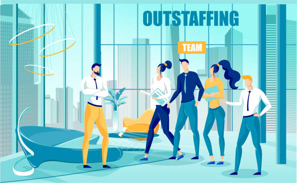 Outstaffing or Professional Team Invitation to Work on Project.  Human Resources Attraction, Outsourcing and Temporary Cooperation.  Businessman Welcomes Specialists Command.  Flat Vector Illustration.