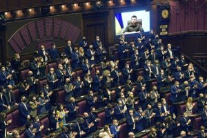 Ukrainian President Zelensky addresses members of the Italian Parliament