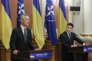 epa07962275 Ukrainian President Volodymyr Zelensky (R) and Jens Stoltenberg (L), the NATO Secretary-General attend their joint press conference after the NATO ? Ukraine Commission meeting in Kiev, Ukraine, 31 October 2019. Jens Stoltenberg arrived in Ukraine on a two-day visit at the invitation of the Ukrainian authorities. EPA-EFE/STEPAN FRANKO