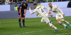 CAGLIARI, ITALY - MARCH 19: Ismael Bennacer of Milan celebrates his goal 0-1 during the Serie A match between Cagliari Calcio and AC Milan at Sardegna Arena on March 19, 2022 in Cagliari, Italy. (Photo by Enrico Locci/Getty Images)