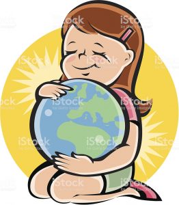 "Vector illustration of a young girl hugging the world. Can be used for world peace, youth travel, happy life, living green, cultural education, etc..."