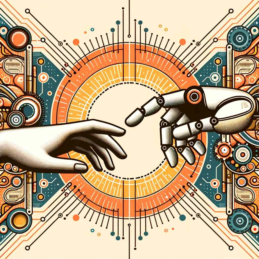 DALL·E 2023-10-22 18.27.29 - Vector design of a human hand and a robot hand reaching out to each other, symbolizing collaboration and adaptation in the era of AI. The backdrop has