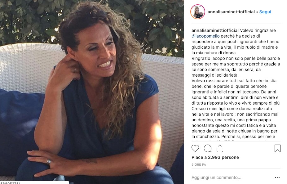 Annalisa Minetti, insulti choc su Instagram: «Sei cieca, non dovevi fare figli». E lei risponde così