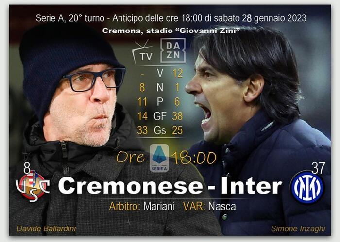 Serie A: Cremonese-Inter in campo alle 18
