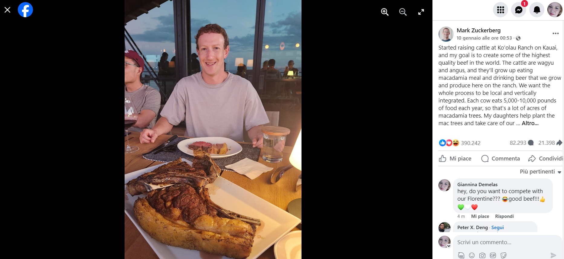 Mark Zuckerberg vuole proporre la sua carne bovina. Controbattiamo con la nostra Fiorentina, e vaaaiii!!