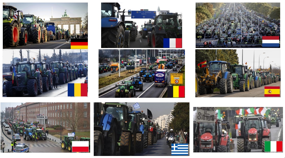 Agricoltori Europei uniti nella lotta: Germania, Francia, Olanda, Romania, Belgio, Spagna, Polonia,  Grecia,  Italia